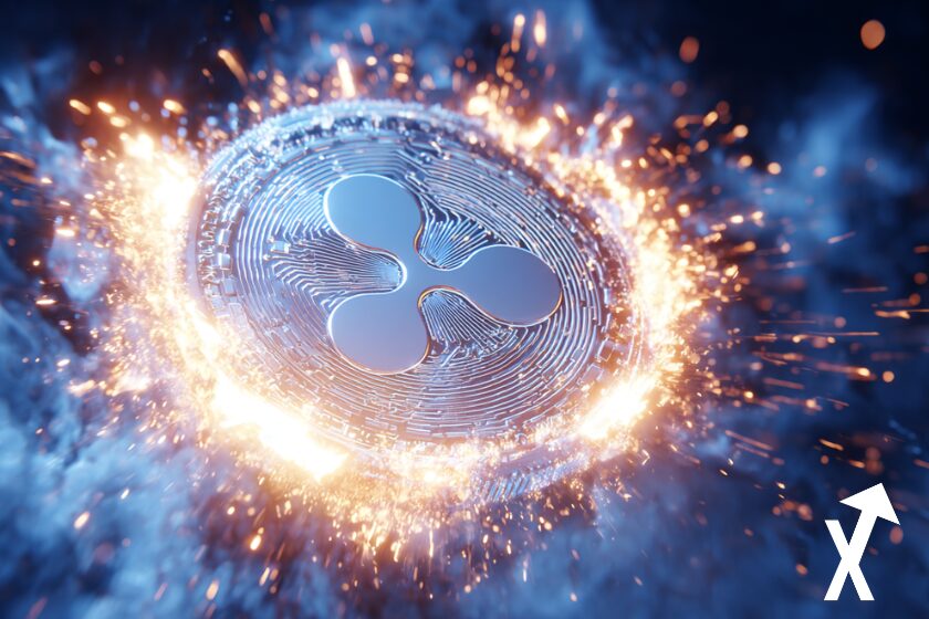 xrp coin explosif sur fond bleu et noir fumée