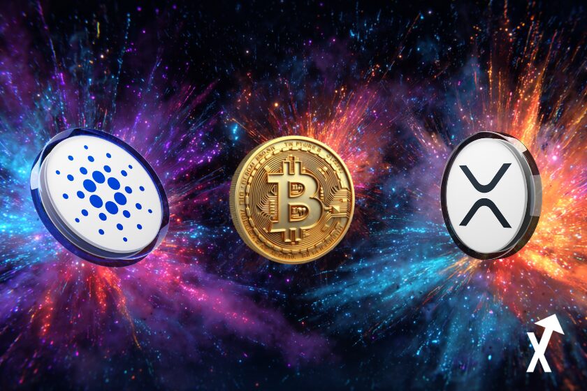 cardano xrp bitcoin coins sur fond univers crypto coloré