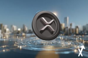 Illustration futuriste centrée sur le XRP : jeton doré lumineux suspendu au centre, entouré de réseaux holographiques reliant des grandes villes mondiales. Lignes numériques symbolisant les paiements transfrontaliers, skyline moderne au crépuscule dans des tons bleu et argent. Ambiance fintech institutionnelle, éclairage réaliste et composition équilibrée.