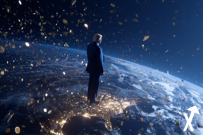 Donald Trump debout au-dessus de la planète Terre vue d’en haut, lançant des centaines de tokens crypto lumineux dans l’atmosphère. Les pièces numériques brillent et se dispersent autour du globe comme une pluie financière. Perspective dramatique en plongée avec la courbure de la Terre visible, continents légèrement illuminés. Arrière-plan bleu propre et minimaliste, dégradé bleu ciel vers bleu profond, ambiance moderne et épurée, rendu 3D réaliste, éclairage cinématographique, haute définition, style symbolique et puissant.