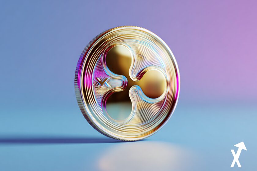 XRP coin doré brillant en 3D, finition métallique élégante avec reflets lumineux, flottant au centre d’un fond coloré propre et minimaliste en dégradé bleu
