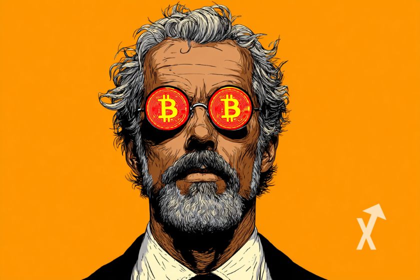 Michael Saylor avec des Bitcoin en lunettes sur un fond orange
