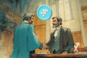 FTT coin bleu dans un tribunal où deux hommes se serrent la main