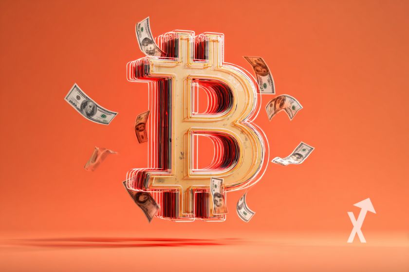 Bitcoin logo avec billets dollars qui volent autour, fond orange