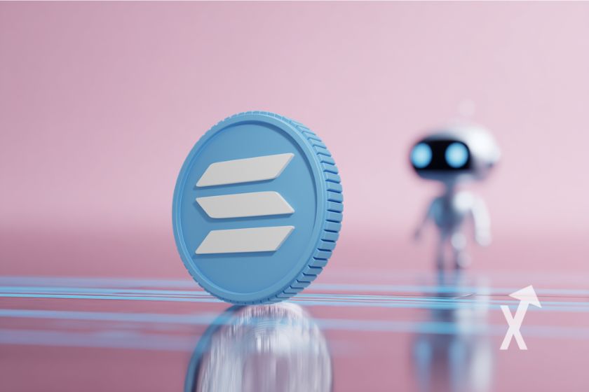 coin solana bleu et fond rose et un robot IA