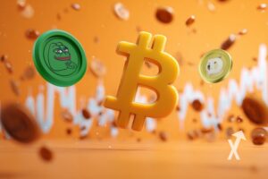 Bitcoin coin avec coin doge et pepe sur un fond orange avec trendline bougies blanches