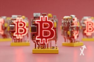 Bitcoin logo en néon rouges sur des machines asics sur un fond rose