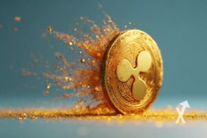 coin xrp en jaune avec fond bleu et explosion en or