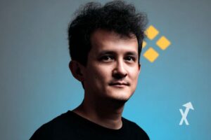 Sam bankman-fried sur un fond bleu avec un logo binance jaune