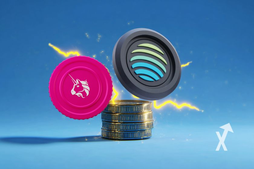 coin Jupiter et uniswap sur un fond bleu avec éclair jaune et tokens empilés derrière