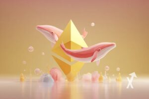 logo ethereum en jaune sur un fond jaune avec baleines roses