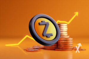 coin zcash sur un fond orange avec trendline jaune et coin empilés