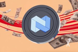 Nexo coin sur un fond rose orange avec des lignes rouges et des billets dollars