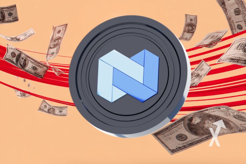 Nexo coin sur un fond rose orange avec des lignes rouges et des billets dollars