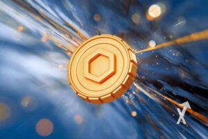 Coin chainlink LINK en jaune sur un fond bleu