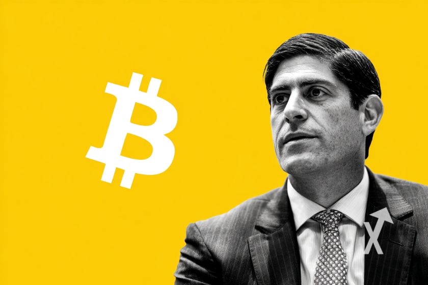 Kevin Warsh sur un fond jaune et logo Bitcoin blanc