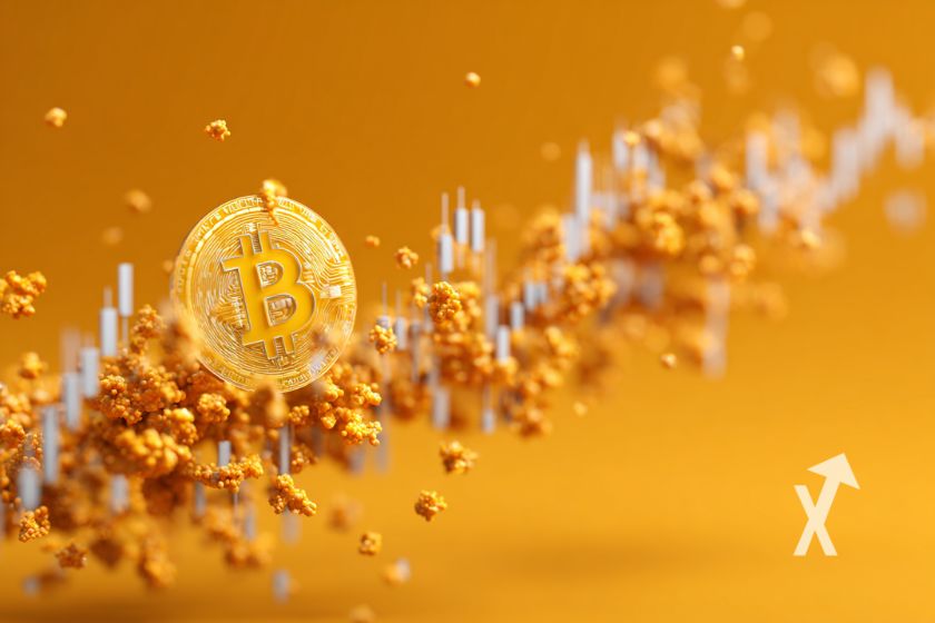 coin bitcoin en jaune sur un fond orange avec trendline grise et fumée orange