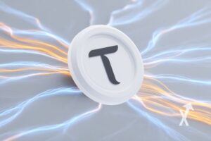 coin tao sur un fond gris avec lignes électriqiues bleues et oranges