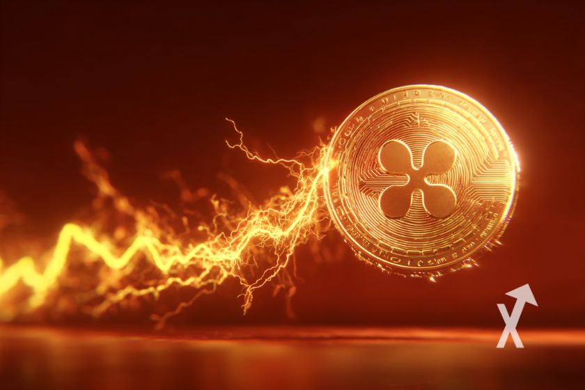 coin xrp avec électricité orange sur un fond rouge