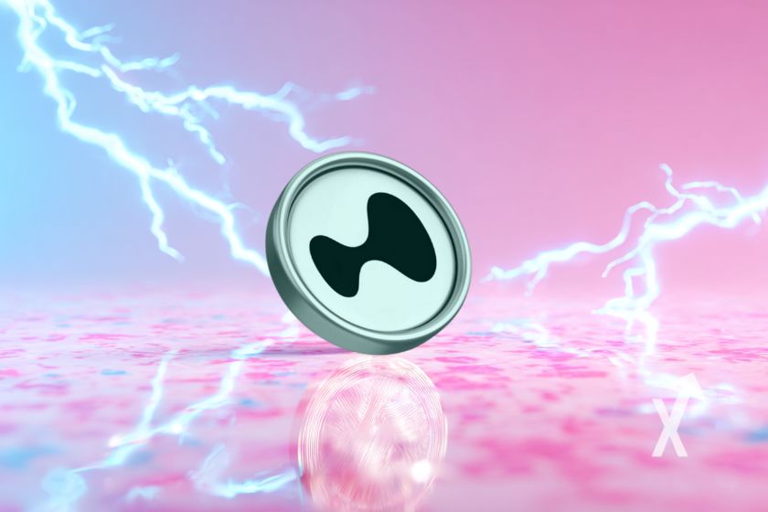 coin HYPE hyperliquid sur un fond rose avec électricité bleue