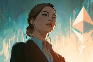 Cathie Wood sur un fond bleu avec un logo ethereum rose