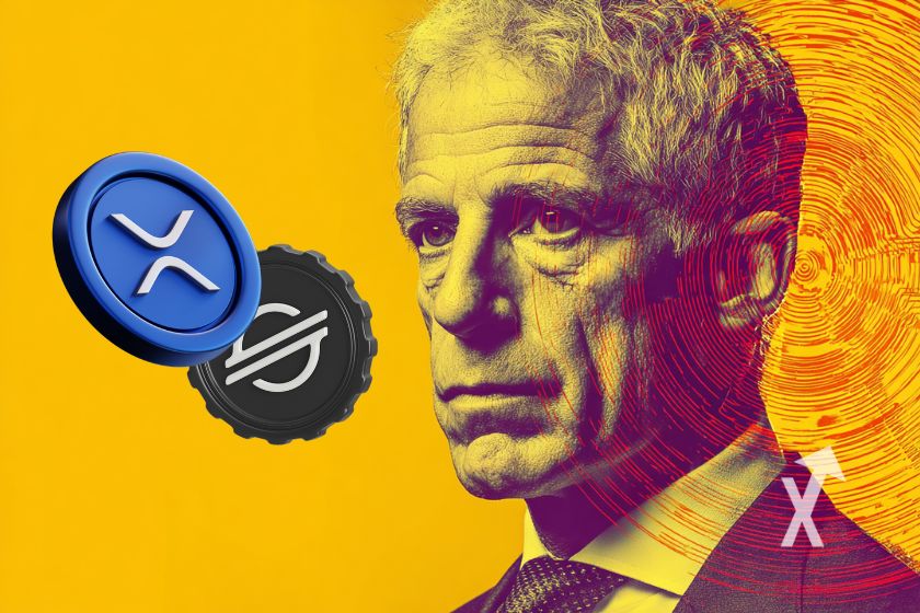 Jeffrey Epstein avec coin XRP et XLM Stellar sur un fond jaune