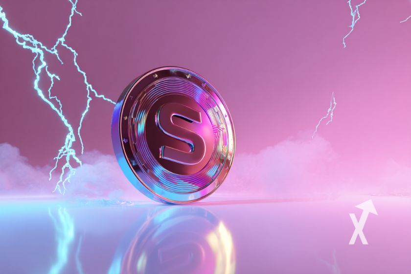 Solana SOL coin sur un fond rose avec des éclairs bleus