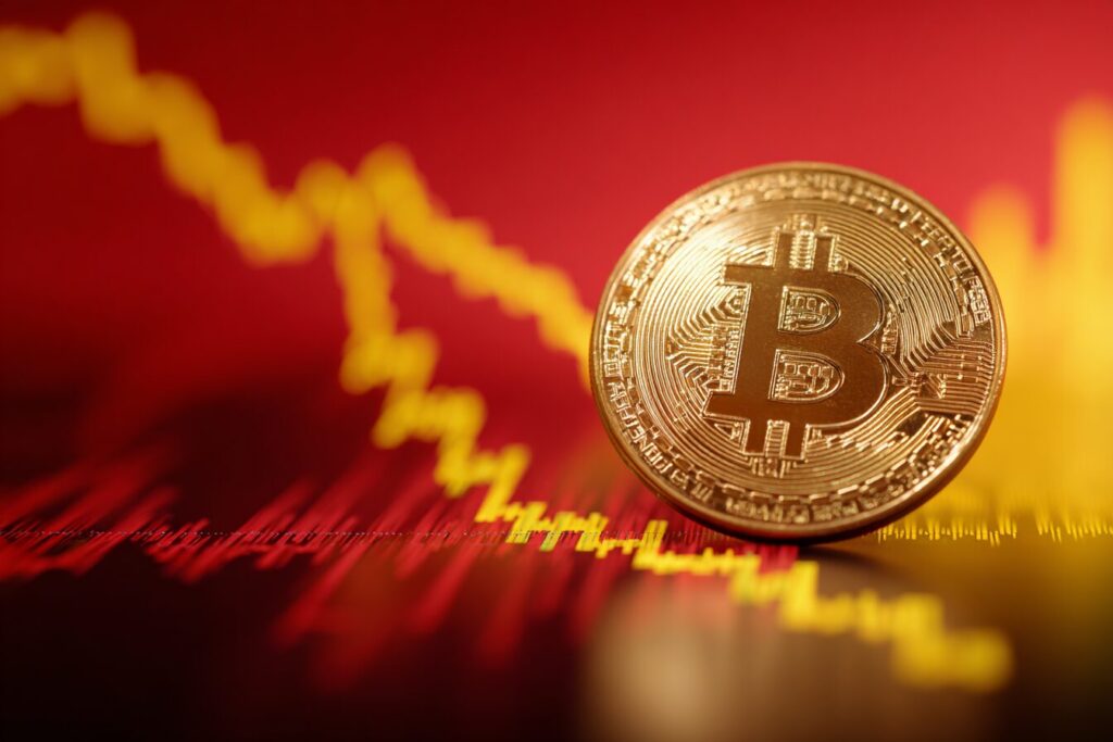 Bitcoin coin sur un fond rouge avec une trendline jaune