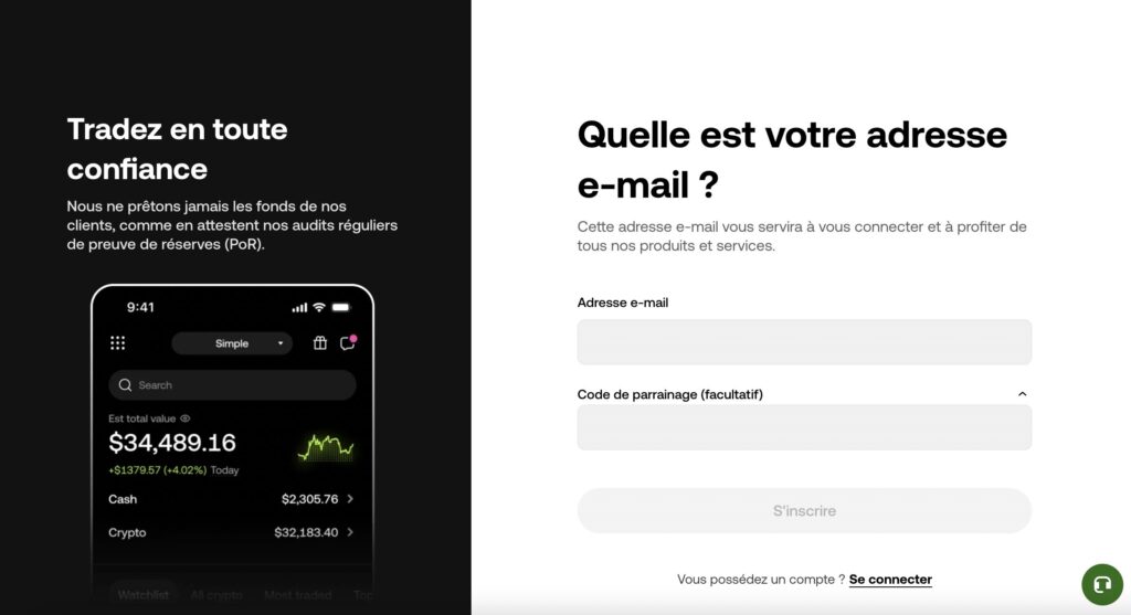 Page d’inscription OKX demandant une adresse e-mail pour créer un compte sur la plateforme d’échange de cryptomonnaies.