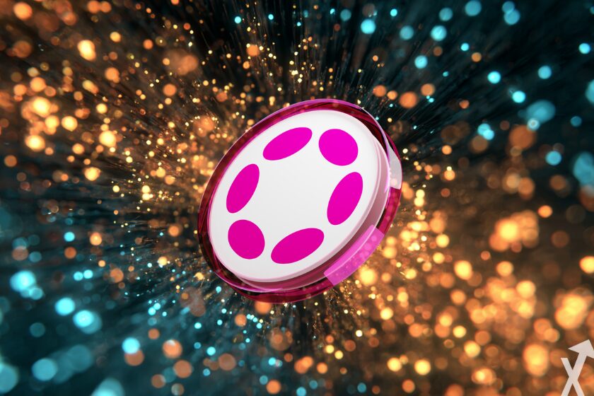 polkadot coin rose sur fond blockchain colorée
