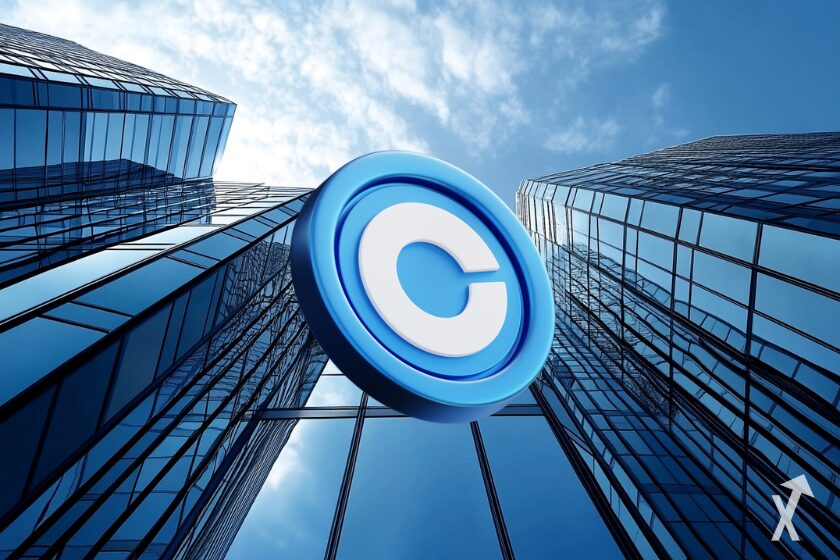 coinbase coin bleu sur fond ville futuriste cbd