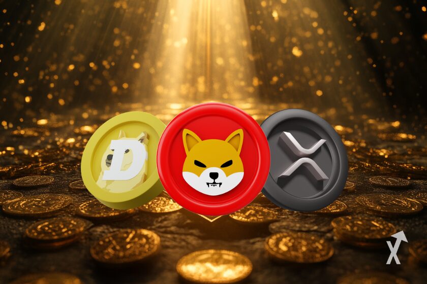 doge shiba xrp coins sur fond gold lueur colorée