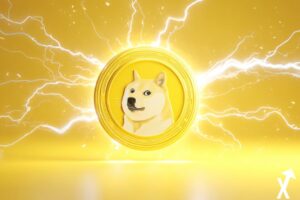 Logo Dogecoin lumineux au centre, entouré de flashs et d’éclairs électriques, fond jaune propre et minimaliste, style crypto moderne