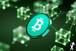 Réseau blockchain futuriste avec des connexions lumineuses vert clair et blanc électrique, lignes de données reliant des blocs numériques bitcoin cash logo au centre