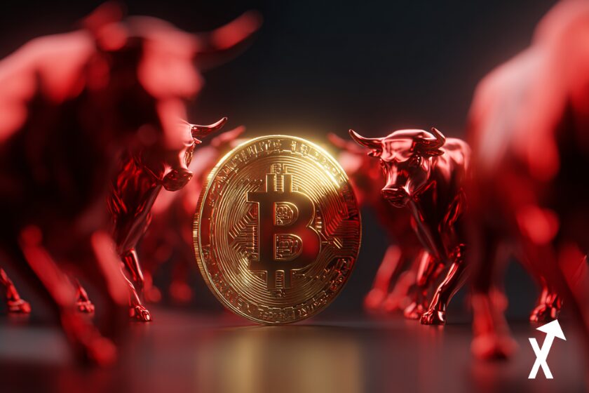 Grand logo Bitcoin doré brillant au centre, entouré de taureaux puissants symbolisant les bulls du marché, style crypto moderne,