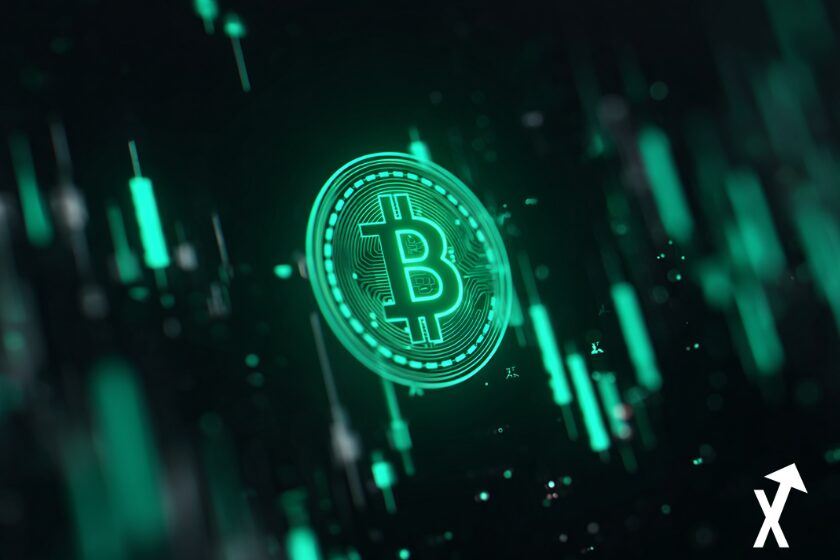 Logo Bitcoin vert lumineux au centre entouré de flash vert, fond propre et minimaliste, style fintech moderne,