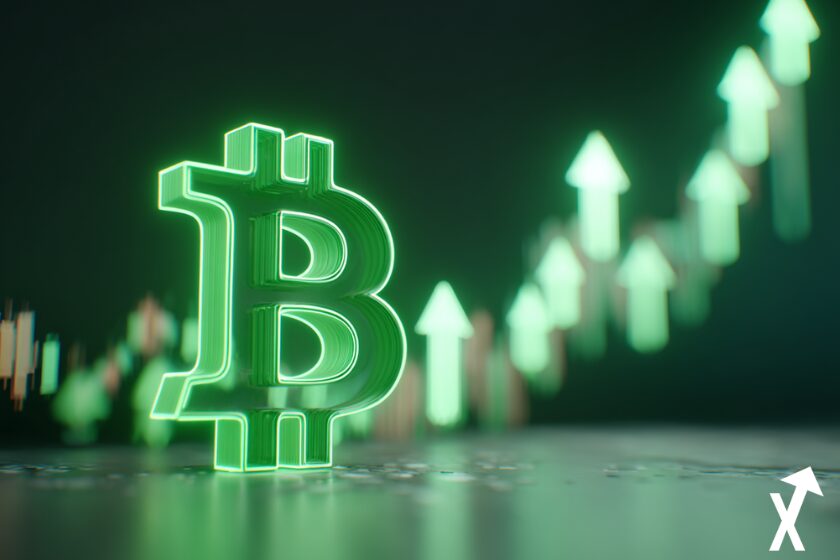 Illustration du marché crypto en hausse, grand logo Bitcoin vert néon lumineux au centre, graphique de trading haussier