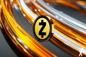 Spirale énergétique orange et blanc électrique, effet lumineux dynamique, lignes de lumière tournoyantes créant un mouvement de vortex coin zcash zec au centre