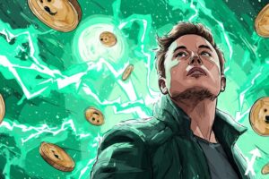 Illustration futuriste d’Elon Musk inspiré du style crypto, regard vers l’avant, Dogecoin (DOGE) lumineux au centre, pièces DOGE flottant autour,