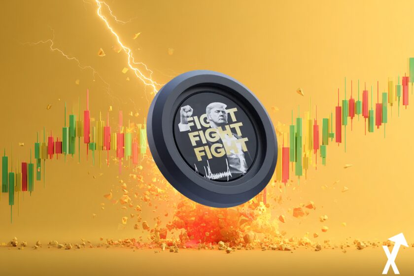 Illustration dynamique du marché crypto avec un trading chart en arrière-plan, bougies vertes et rouges stylisées, explosion d’énergie jaune et rouge au centre symbolisant un breakout du marché token trump au milieu