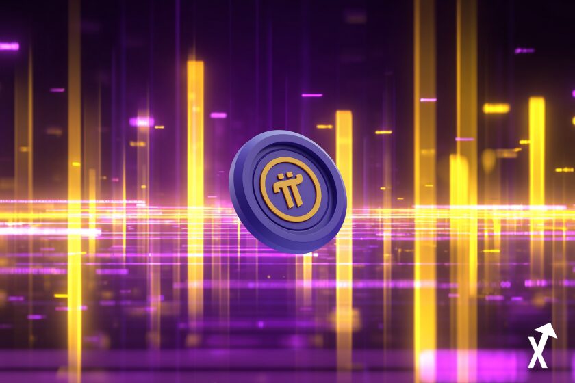 univers crypto violet et jaune et coin pi au centre