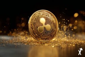 coin XRP dorée brillante au centre, métal poli avec reflets lumineux, symbole XRP gravé, effets de lumière dorée et particules énergétiques,