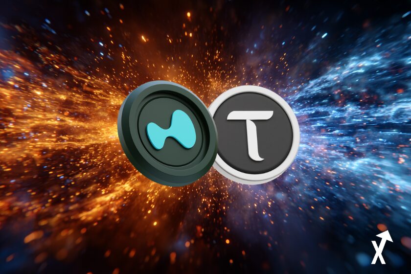 bittensor tao coin et hyperliquid coin sur fond electrique rouge bleu