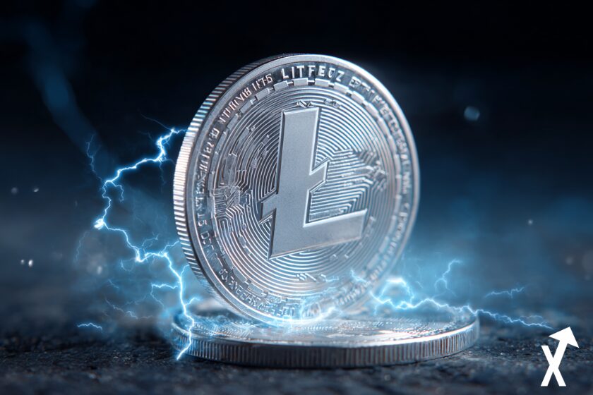 Pièce Litecoin argentée brillante avec le logo LTC gravé, métal poli avec reflets froids, éclairs d’électricité argent et bleu