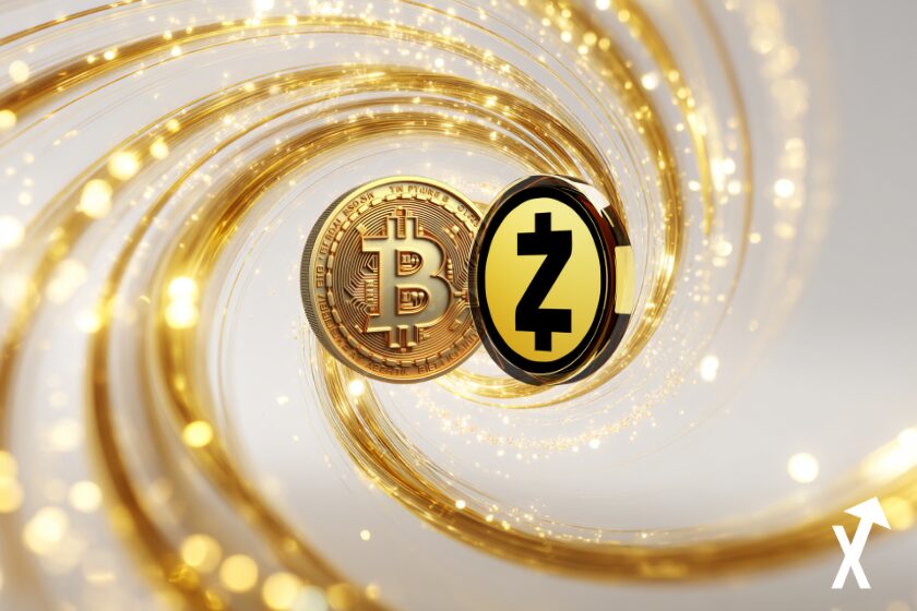 spirale dorée blanche avec coin bitcoin et zcash au centre