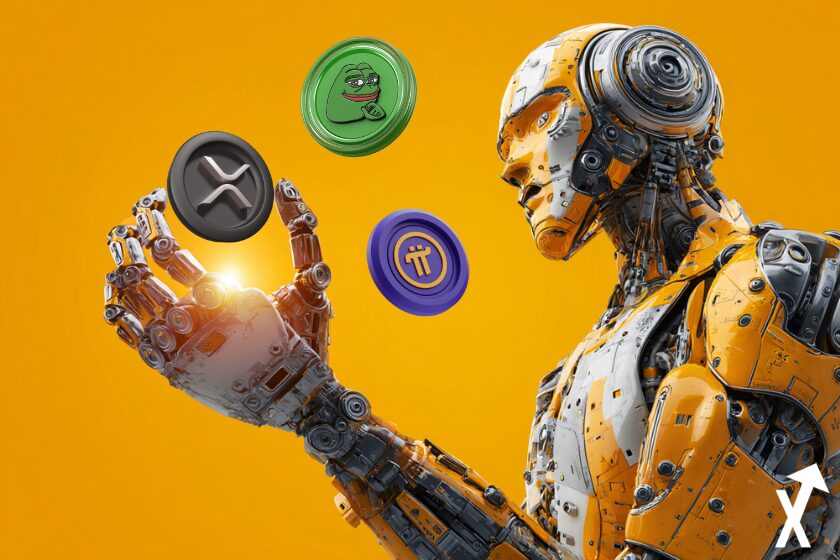 robot futuriste avec les deux mains ouvertes lueur dans la main fond clean orange yellow coins pi xrp et pepe