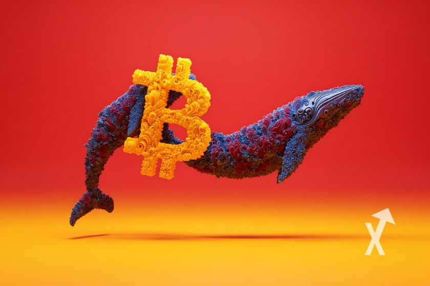 Bitcoin logo sur un fond rouge et jaune avec baleines bleues