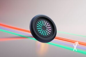 Coin mantle sur un fond gris avec lignes néons rouges et vertes