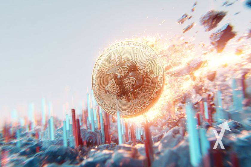 coin bitcoin qui brûle sur un fond blanc avec graphique bougies de trading