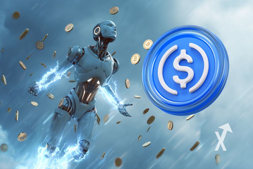 Robot dans un ciel bleu avec coin USDC et des Bitcoin en petits et jaunes